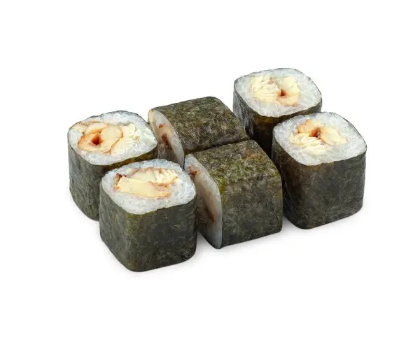 stock image Pieces of appetizing norimaki rolls with filling of eel slices traditionally wrapped in rice and nori sheet, displayed on white background. Popular Japanese snack