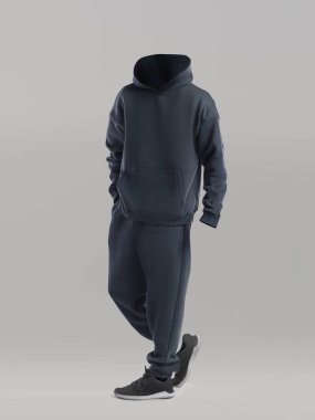 Bir figür siyah kapüşonlu ve eşofman altı giymiş, kameraya dönük. Ayarlar, tek renk biçimini geliştirerek, basit bir gri arkaplan içerir..