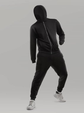 Kafasız mankenler siyah kapüşonlu kapüşonlular ve eşofmanlarla basit bir arka planda sergileniyor. Dikkatimizi kıyafet tasarımına ve dikkat dağıtmadan uyum sağlamaya vermeliyiz..