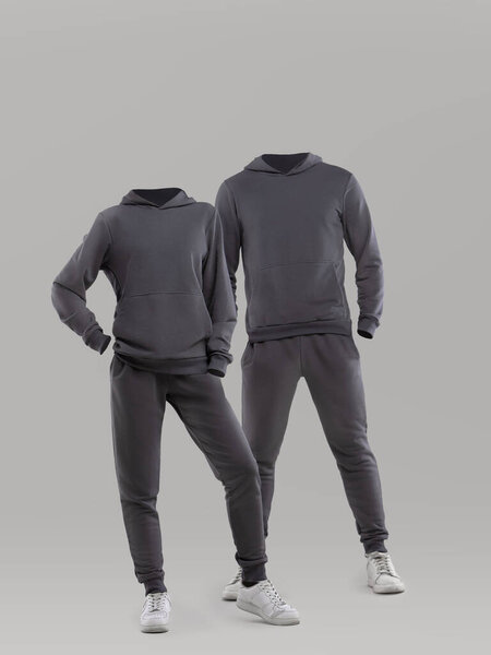 Two headless mannequins showcase a modern apparel set featuring gray hoodies and sweatpants. The display highlights a minimalistic design against a neutral backdrop.