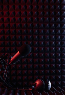 Koyu renk ses geçirmez bir duvara yerleştirilmiş mikrofon görüntüsü