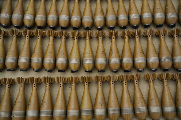 stock image Almaty, Kazakhstan - 04.14.2022 : Mortar mines are laid out in a row at military exercises.