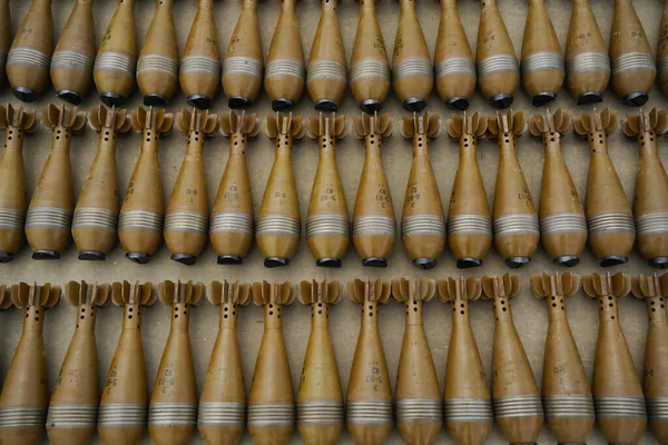 stock image Almaty, Kazakhstan - 04.14.2022 : Mortar mines are laid out in a row at military exercises.