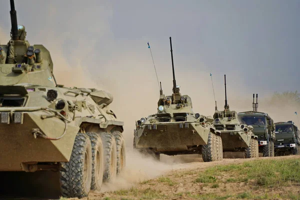 stock image Almaty, Kazakhstan - 04.14.2022 : Soldiers on military equipment go to the place of deployment to the landfill. Exercises.