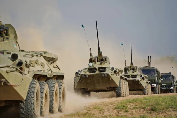 stock image Almaty, Kazakhstan - 04.14.2022 : Soldiers on military equipment go to the place of deployment to the landfill. Exercises.