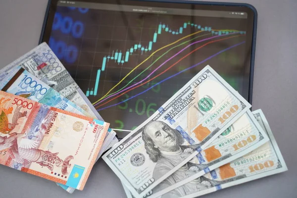 stock image Almaty, Kazakhstan - 10.04.2022 : Stock charts on the tablet and tenge and dollar banknotes on the table.