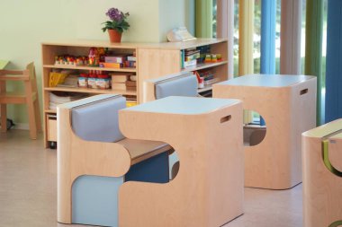 Almaty, Kazakhstan - 10.12.2022 : A kindergarten room with decorative elements, educational toys and inventory.