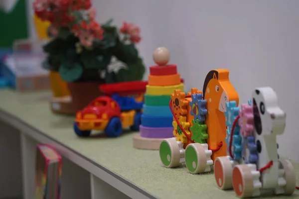 Almaty, Kazakhstan - 10.12.2022 : A kindergarten room with decorative elements, educational toys and inventory.