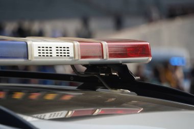 Almaty, Kazakhstan - 09.16.2022 : A Kazakh police car with flashing lights on patrol in a public place.