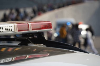 Almaty, Kazakhstan - 09.16.2022 : A Kazakh police car with flashing lights on patrol in a public place.