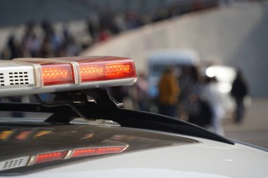 Almaty, Kazakhstan - 09.16.2022 : A Kazakh police car with flashing lights on patrol in a public place.