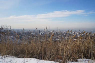 Almaty, Kazakhstan - 01.31.2023 : Dry grass in the foothills against the background of city buildings and smog.