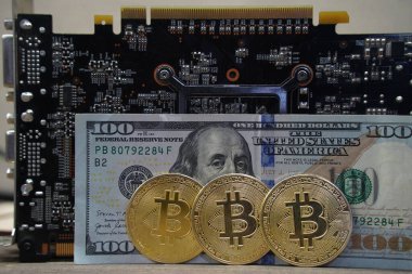 Almaty, Kazakistan - 04.04.2023: Dolar zemininde Bitcoin paralar ve bir video kartı.