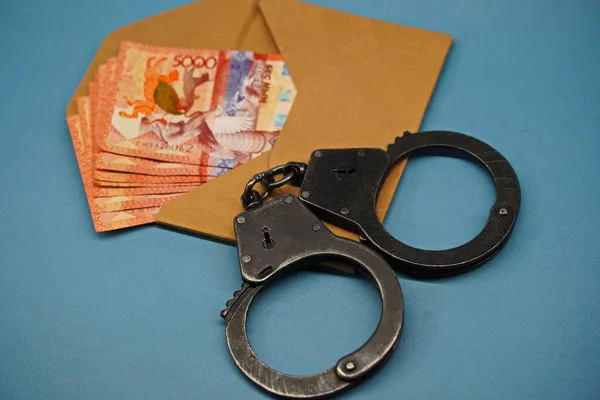 Almaty Kazakhstan 2023 Handcuffs Envelope Kazakhstani Money Tenge — Stock Photo, Image