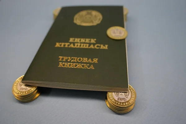 stock image Almaty, Kazakhstan - 04.05.2023 : The employment record of the Republic of Kazakhstan is on tenge coins.