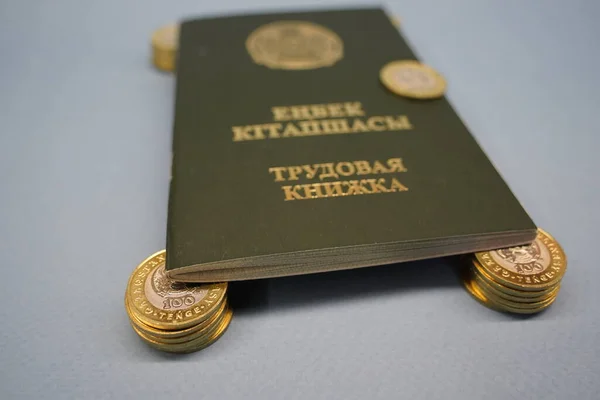 stock image Almaty, Kazakhstan - 04.05.2023 : The employment record of the Republic of Kazakhstan is on tenge coins.