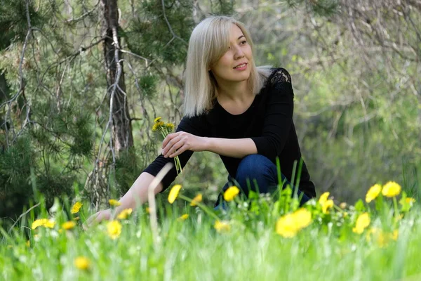 stock image A young woman collects dandelions in nature.