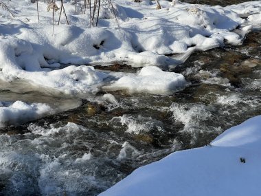 Kışın dağlık bir bölgede bir nehir. Fırtınalı bir dere.