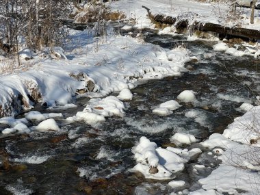 Kışın dağlık bir bölgede bir nehir. Fırtınalı bir dere.