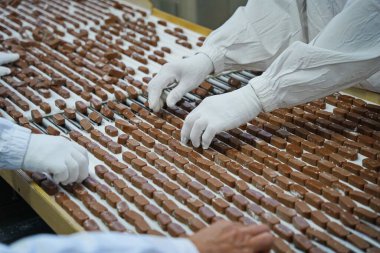 İşçiler çikolataları ayırır. Fabrika.