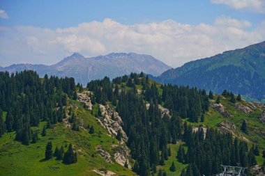 Ile-Alatau Ulusal Parkı. Oi-Karagai Geçidi. Farklı bitki örtüsü olan dağlık bir bölge. İnsansız hava aracının görüntüsü.