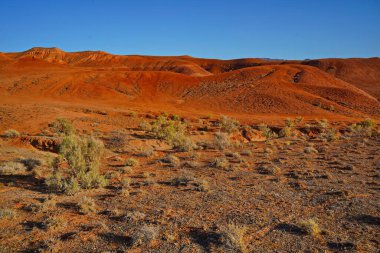 Boguta 'nın Kızıl Dağları. Dağlık kil arazisi. Yaz akşamı vakti. Ulusal Doğa Parkı.