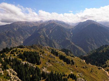 Qaragai Boğazı. İnsansız hava aracının görüntüsü. Yazın farklı bitki örtüsüne sahip dağlık arazi..