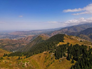 Qaragai Boğazı. İnsansız hava aracının görüntüsü. Yazın farklı bitki örtüsüne sahip dağlık arazi..