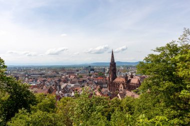 FREIBURG, GERMANY - 6 Mayıs 2023: Schlossberg Tepesi 'nin yamacından Freiburg Minster' a bakın. Katedral 1200 civarında kuruldu ve 1330 yılında tamamlandı.
