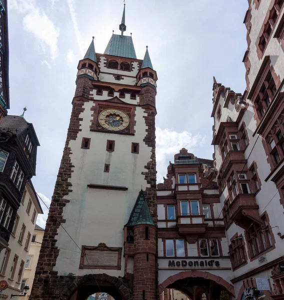 Freiburg Germany May 2023 Architectural Detail Martinstor Gate Oldest Two — Stock Photo, Image