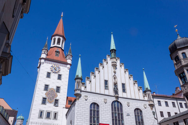 Gothic town hall of the 14th century with a clock tower and a toy museum. Munich, Bavaria, Germany