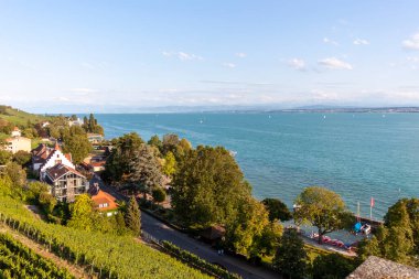 Güneşli bir temmuz gününde Constance Gölü. Meersburg 'daki tepeden bak.