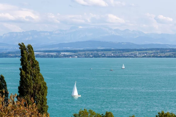 Güneşli bir temmuz gününde Constance Gölü. Meersburg 'daki tepeden bak.