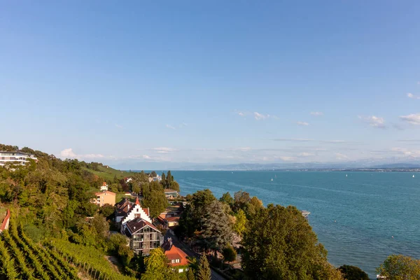 Güneşli bir temmuz gününde Constance Gölü. Meersburg 'daki tepeden bak.