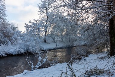 Kışın hızlı akan nehir. Kıyıda karla kaplı ağaçlar. Almanya, Ravensburg