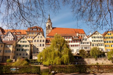 TUEBINGEN, GERMANY - 6 Nisan 2024: Eski Tuebingen kasabasının binaları ilkbahar ağaçlarının arasında. Neckar nehrindeki bir adadan görüntü