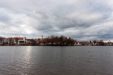 Town Lake in February clody day, Bad Waldsee, Baden Wuerttemberg, Almanya