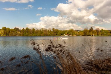 Bad Waldsee, Almanya - 15 Nisan 2024: Bad Waldsee 'deki şehir gölünde akademik kürek çeken sporcuların eğitimi
