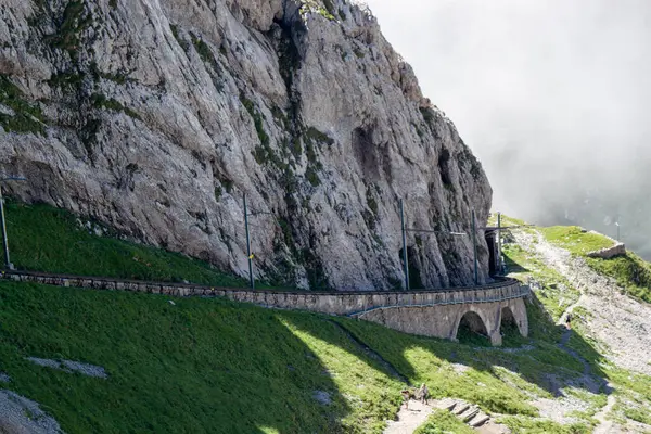 stock image LUCERNE, SWITZERLAND - JULY 14, 2024: Rack railway leading to the top of Pilatus