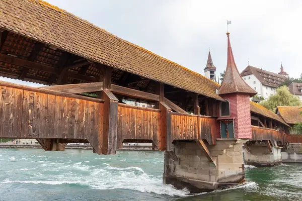 stock image The Spreuer Bridge is one of two surviving covered wooden footbridges in the city of Lucerne, Switzerland