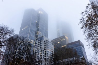 Frankfurt 'un finans bölgesindeki gökdelenler sisle kaplıydı. Aralık