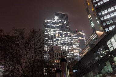 FRANKFURT, Almanya - 2 ARALIK. 2024: Geceleri ön planda ağaçlar olan modern gökdelen