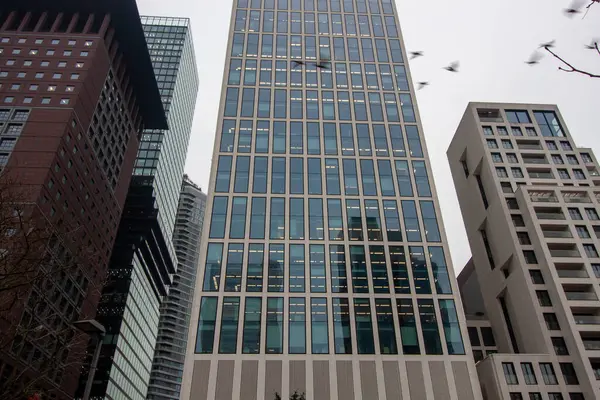 FRANKFURT, Almanya - 2 ARALIK. 2024: Omniturm, MesseTurm (Fair Tower) ve Frankfurt, Almanya 'daki diğer modern binalar