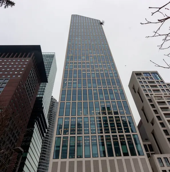 FRANKFURT, Almanya - 2 ARALIK. 2024: Omniturm, MesseTurm (Fair Tower) ve Frankfurt, Almanya 'daki diğer modern binalar