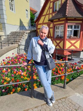 Turizm içeriği illüstrasyonu. Meersburg 'un manzarası çok güzel. Meersburg, Almanya 'da Tatil