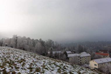 Panoramik hava veya yükseltilmiş bir manzara, İsviçre 'nin St. Gallen kentinin büyüleyici yerleşim yerlerini, yumuşak, sisli bir kış gökyüzünün altında yakalar.