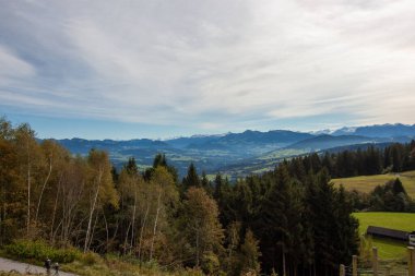 Avusturya 'daki Pfaender dağından nefes kesen panoramik manzara ufuk boyunca uzanan görkemli kar örtülü Alpleri gösteriyor.