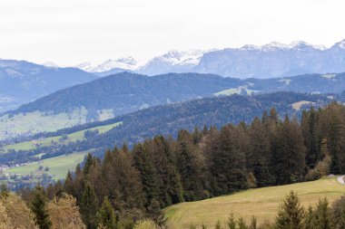 Avusturya 'daki Pfaender dağından nefes kesen panoramik manzara ufuk boyunca uzanan görkemli kar örtülü Alpleri gösteriyor.