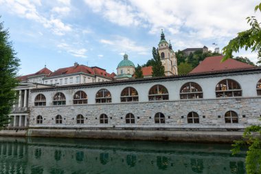 Slovenya 'nın Ljubljana kentindeki Ljubljanica Nehri boyunca ikonik mimari simgeleri yakalayan güzel bir panoramik kare görülüyor.
