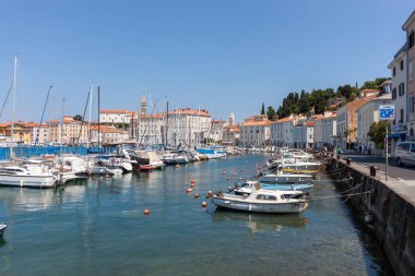 PİRAN, SLOVENIA - 19 Mayıs 2025: Adriyatik Denizi 'nin açık mavi sularına demirlemiş renkli tekneleri gösteren, Slovenya' nın Piran kentindeki güneşli ve canlı bir liman manzarası